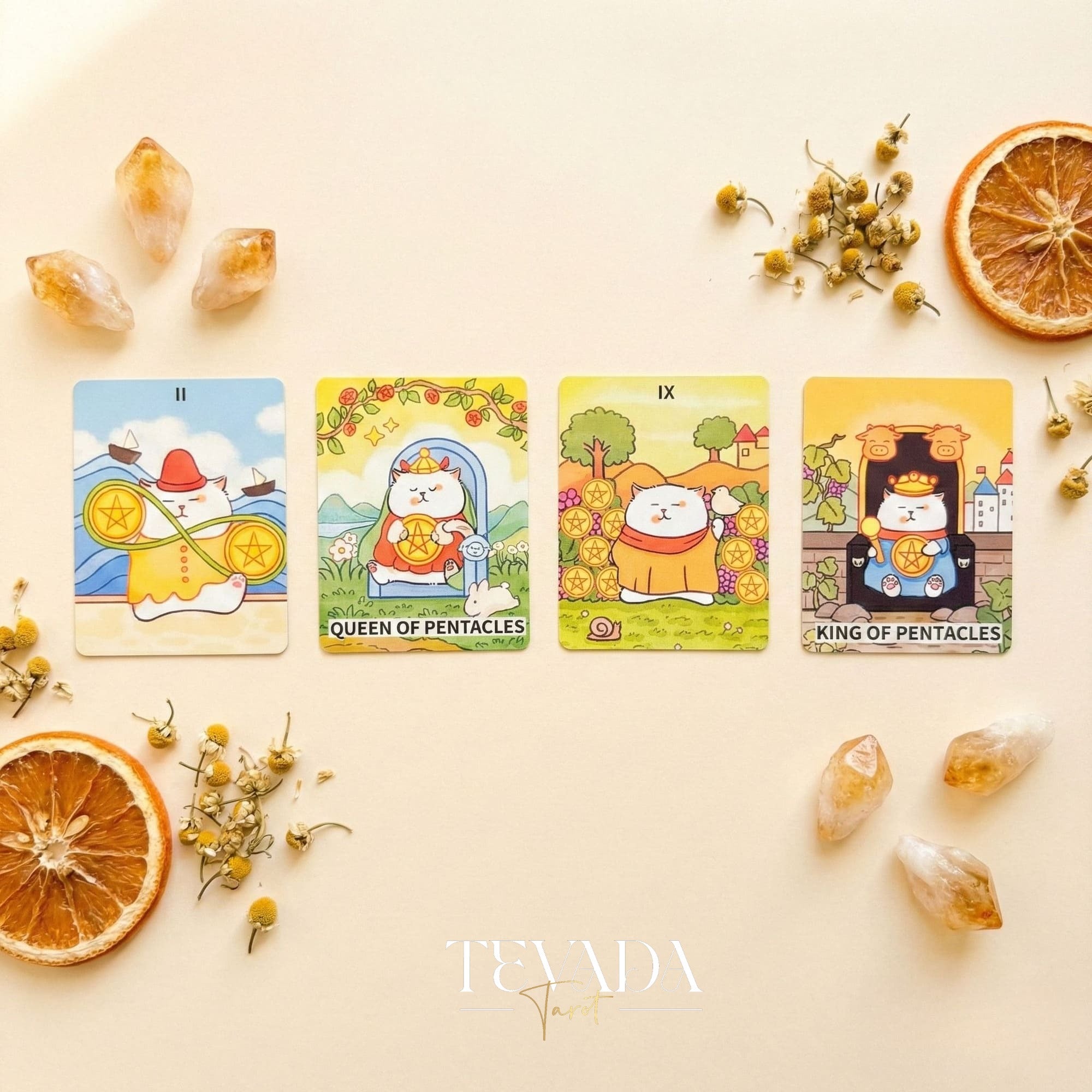 Jiuyujiang Chubby Cat Tarot Deck featuring funny cartoon kittens and pocket size cards for lighthearted divination.