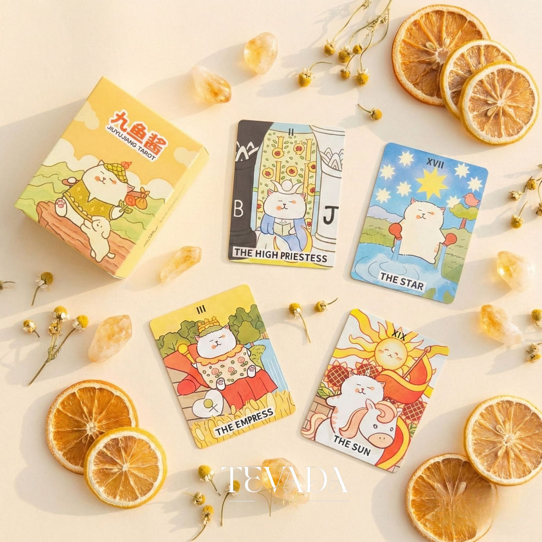 Jiuyujiang Chubby Cat Tarot Deck featuring funny cartoon kittens and pocket size cards for lighthearted divination.