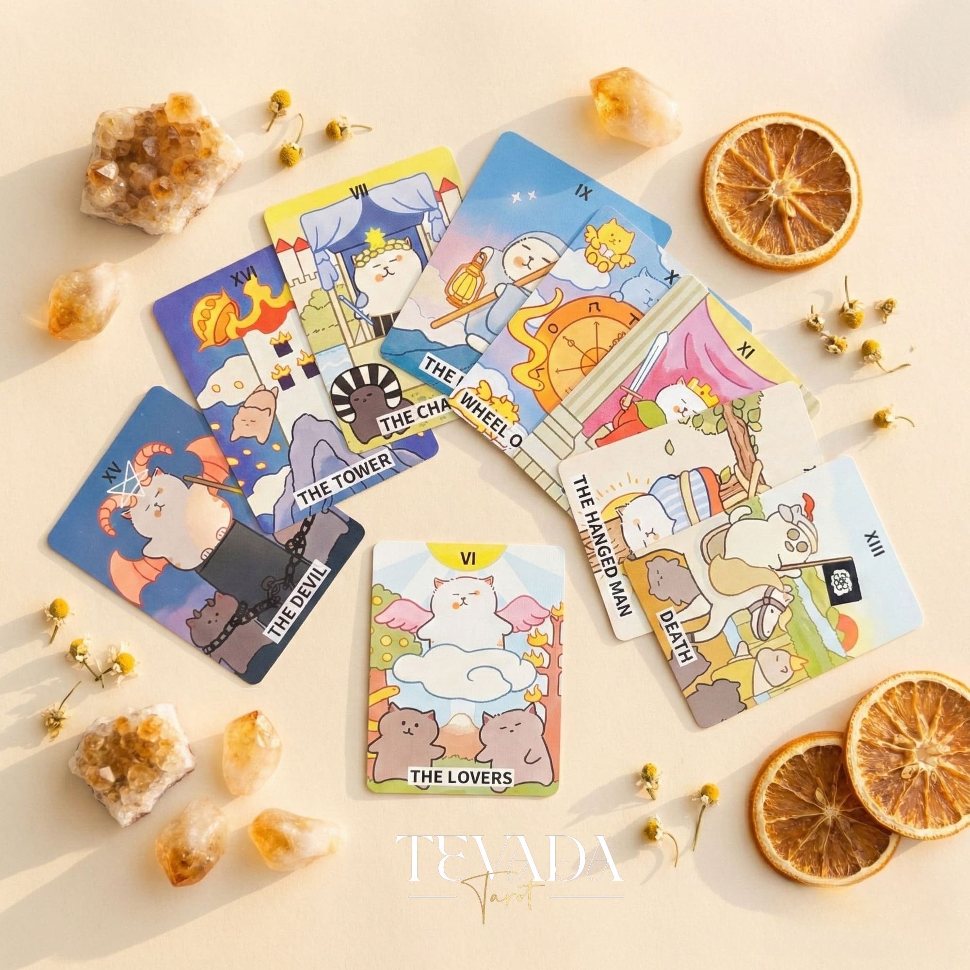 Jiuyujiang Chubby Cat Tarot Deck featuring funny cartoon kittens and pocket size cards for lighthearted divination.