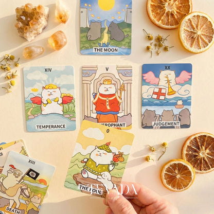 Jiuyujiang Chubby Cat Tarot Deck featuring funny cartoon kittens and pocket size cards for lighthearted divination.