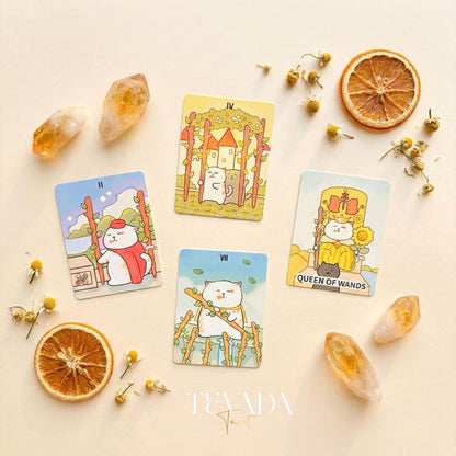Jiuyujiang Chubby Cat Tarot Deck featuring funny cartoon kittens and pocket size cards for lighthearted divination.