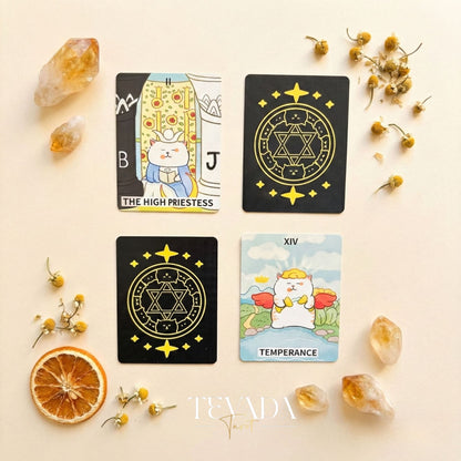Jiuyujiang Chubby Cat Tarot Deck featuring funny cartoon kittens and pocket size cards for lighthearted divination.