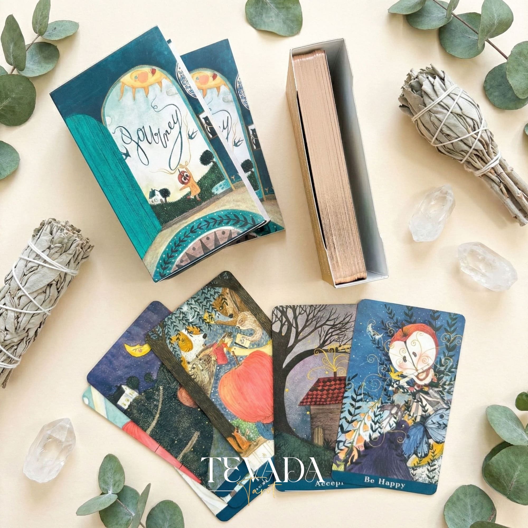 Journey Oracle Deck Gold Edt whimsical watercolor Indie Oracle Cards with gold edges for visual healing and shadow work.