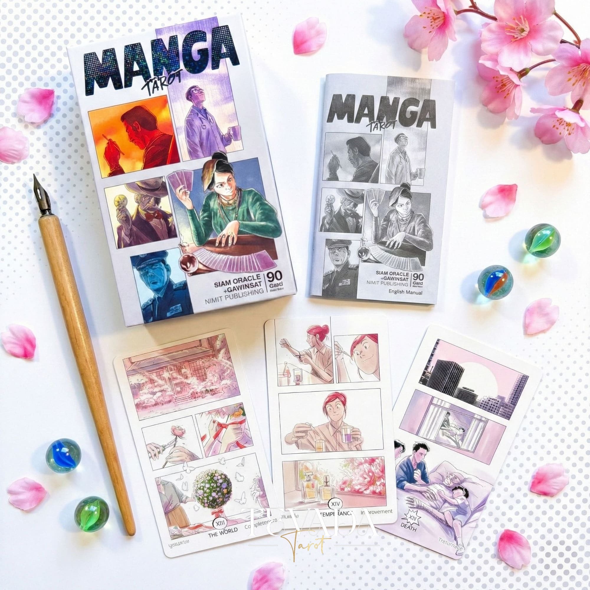 初心者向けの占いと癒しのための、面白い日本の漫画スタイルのアートをフィーチャーしたマンガ タロット デッキ。