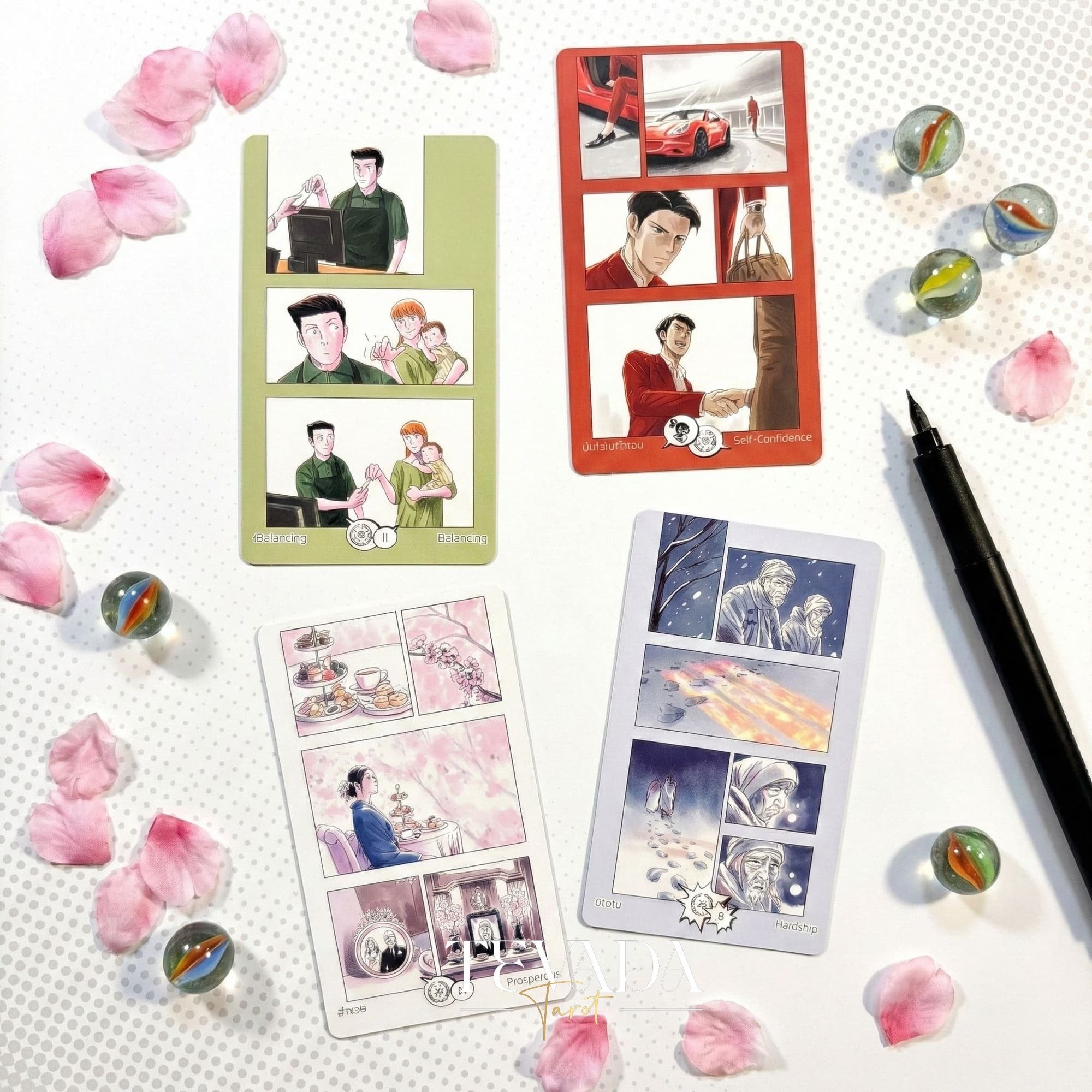 Manga Tarot Deck featuring funny Japanese comic style art for beginner friendly divination and healing.