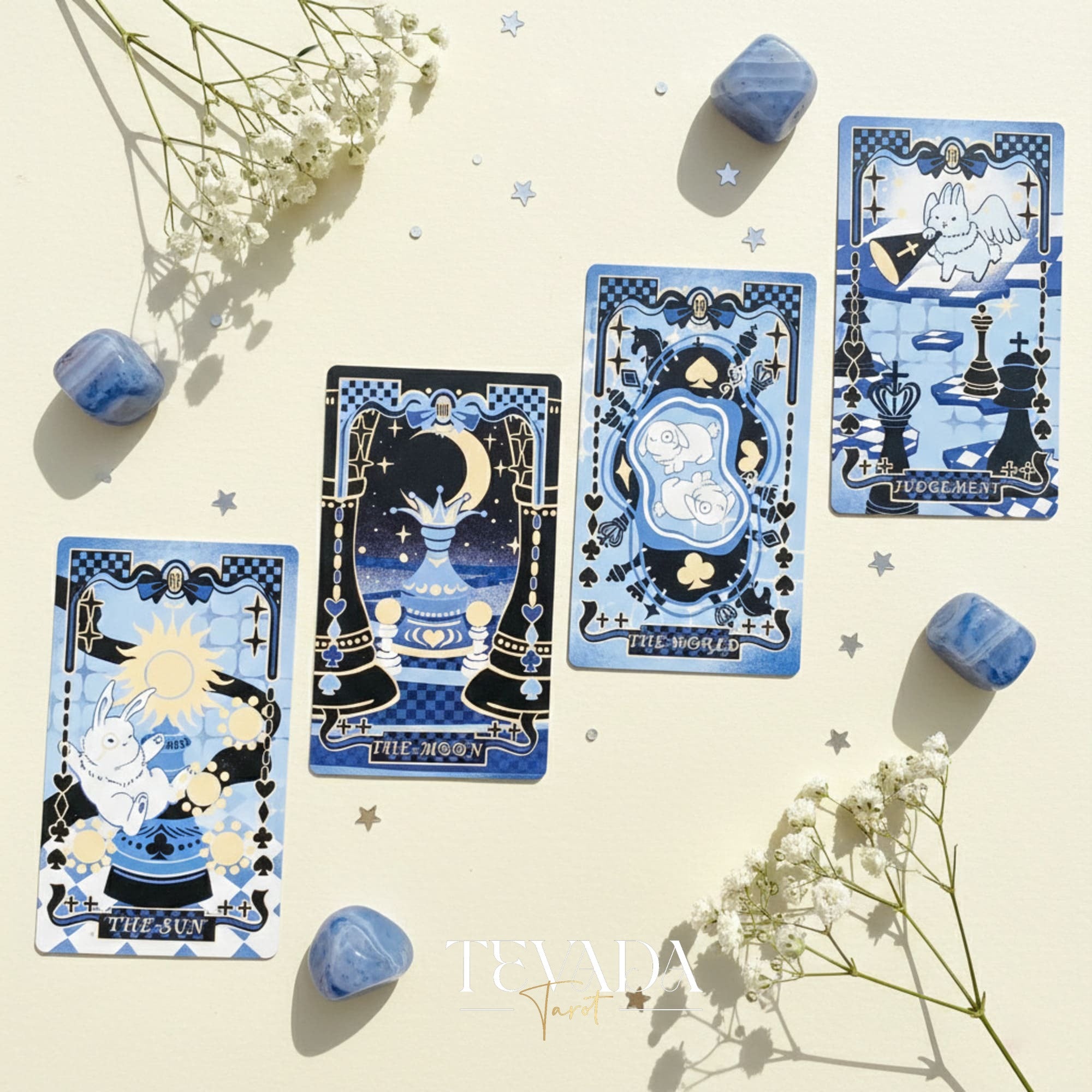 The March Hare's Chess Tarot Deck whimsical macaron colored Indie Tarot Deck with metallic blue edges for self reflection.