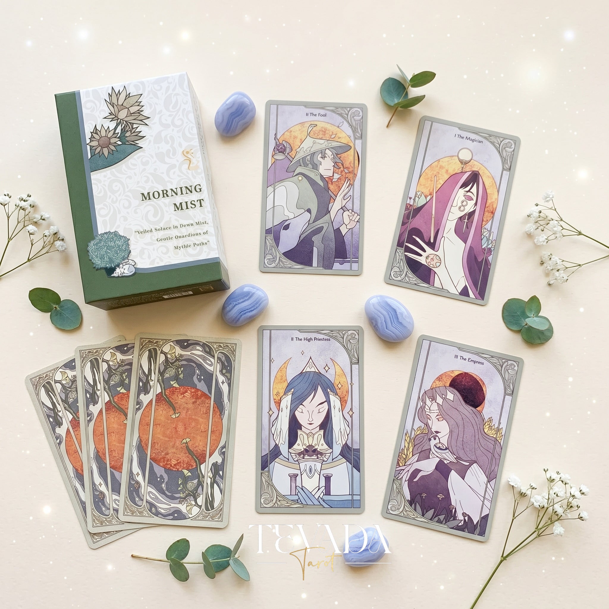 Morning Mist Tarot Deluxe stained glass indie tarot cards with gold holographic edges for gentle shadow work and healing.