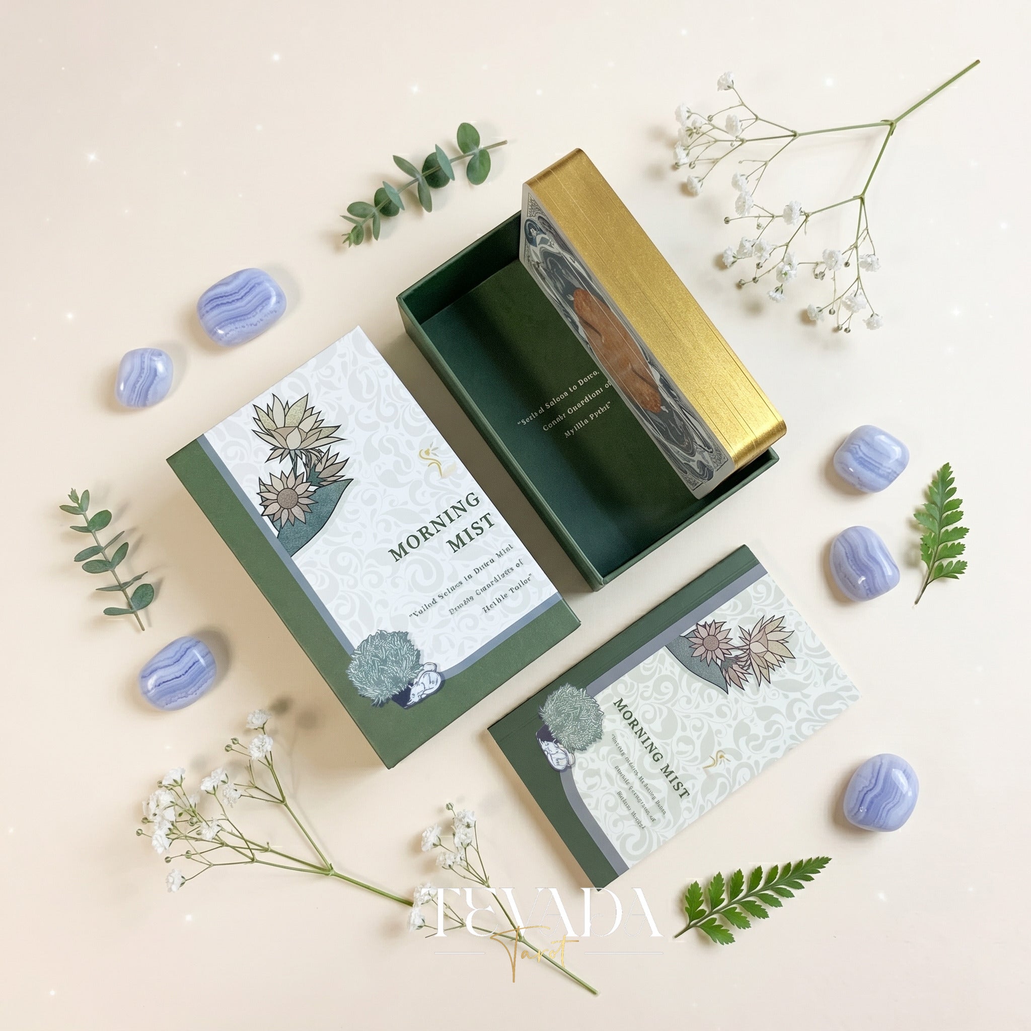 Morning Mist Tarot Deluxe stained glass indie tarot cards with gold holographic edges for gentle shadow work and healing.