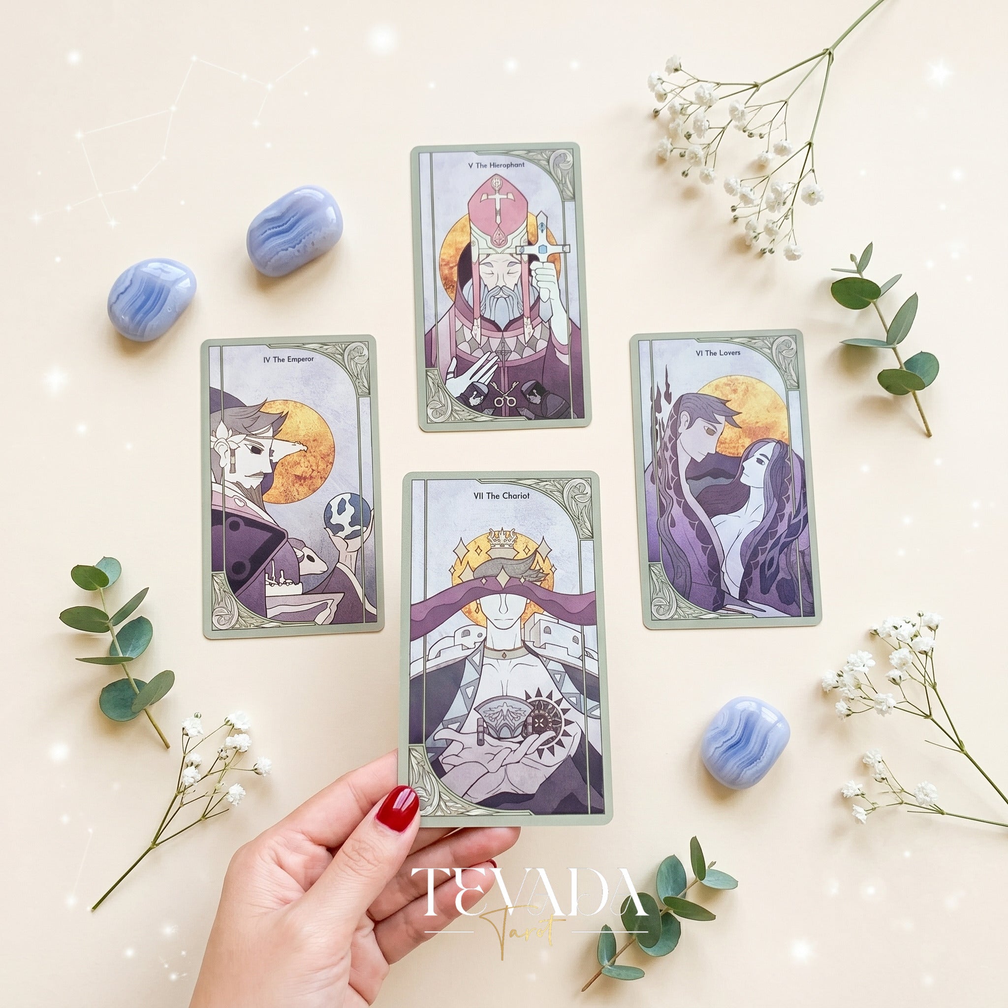Morning Mist Tarot Deluxe stained glass indie tarot cards with gold holographic edges for gentle shadow work and healing.