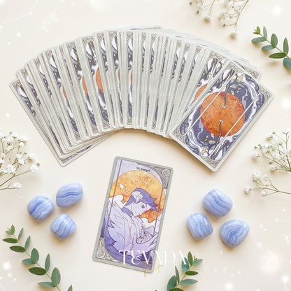 Morning Mist Tarot Deluxe stained glass indie tarot cards with gold holographic edges for gentle shadow work and healing.