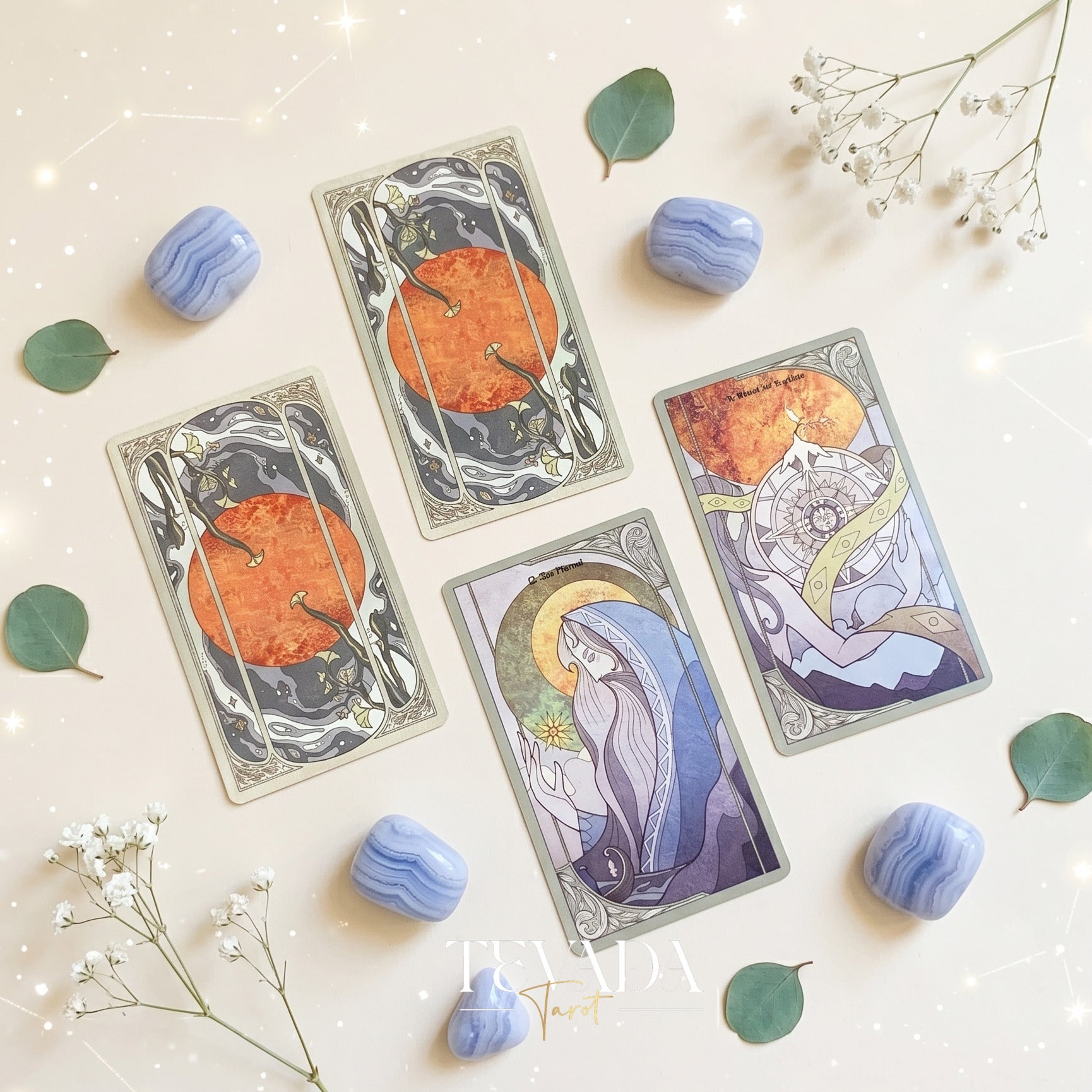 Morning Mist Tarot Deluxe stained glass indie tarot cards with gold holographic edges for gentle shadow work and healing.