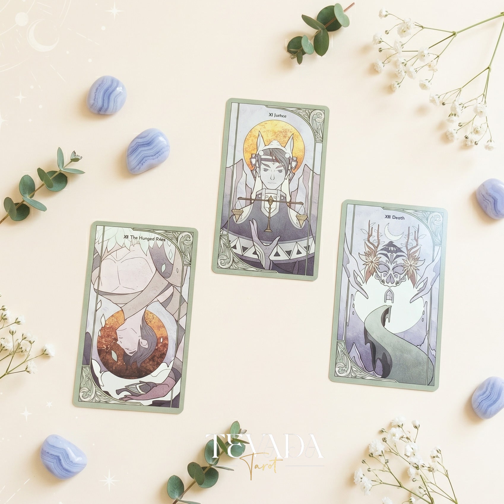 Morning Mist Tarot Deluxe stained glass indie tarot cards with gold holographic edges for gentle shadow work and healing.
