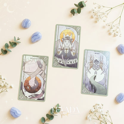 Morning Mist Tarot Deluxe stained glass indie tarot cards with gold holographic edges for gentle shadow work and healing.