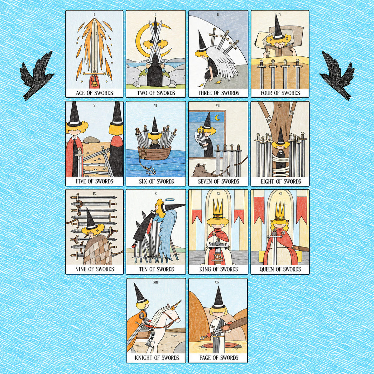Mystery Valley Tarot DELUXE tarot card artwork with playful witches, storybook forests, and oversized fantasy creatures
