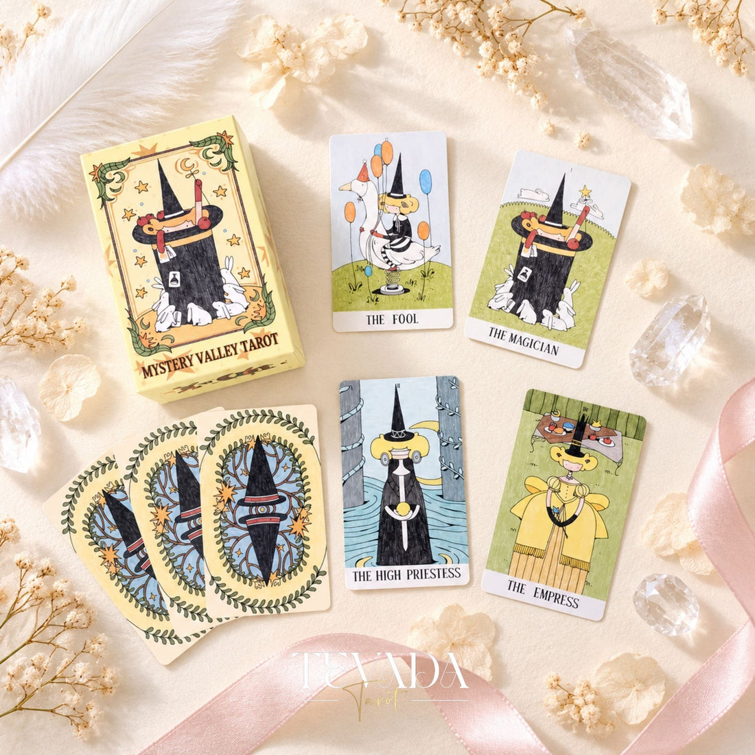 Mystery Valley Tarot DELUXE tarot card artwork with playful witches, storybook forests, and oversized fantasy creatures