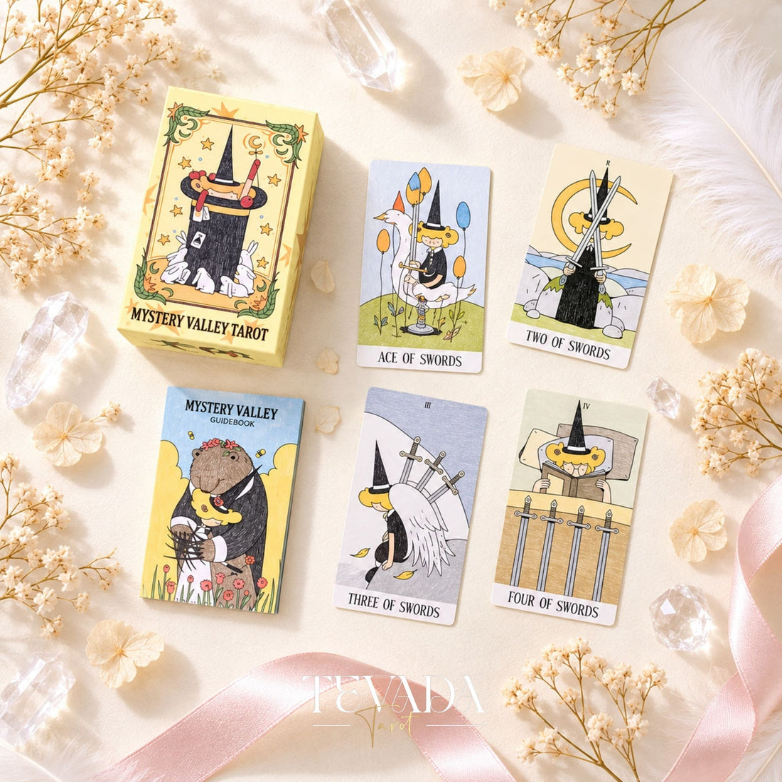 Mystery Valley Tarot DELUXE tarot card artwork with playful witches, storybook forests, and oversized fantasy creatures