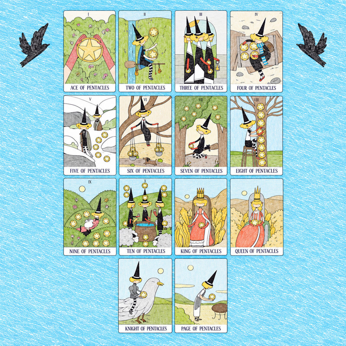 Mystery Valley Tarot DELUXE tarot card artwork with playful witches, storybook forests, and oversized fantasy creatures