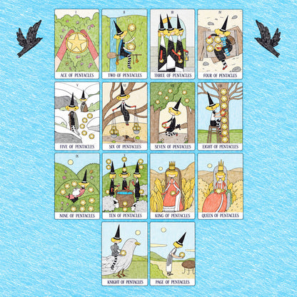 Mystery Valley Tarot DELUXE tarot card artwork with playful witches, storybook forests, and oversized fantasy creatures