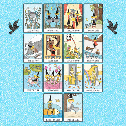 Mystery Valley Tarot DELUXE tarot card artwork with playful witches, storybook forests, and oversized fantasy creatures