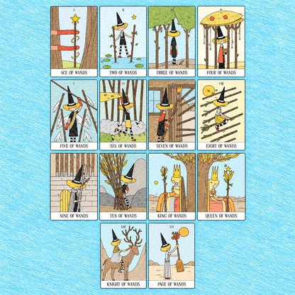Mystery Valley Tarot DELUXE tarot card artwork with playful witches, storybook forests, and oversized fantasy creatures