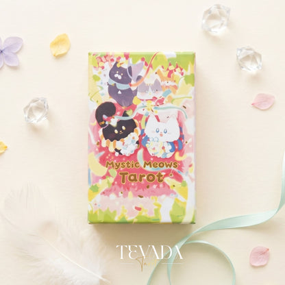 Mystic Meows Tarot PINK Deluxe deck featuring dreamy cat illustrations on premium 330gsm black core cards with blue splatter and silver sparkle edges, in a magnetic flip-top rigid box.