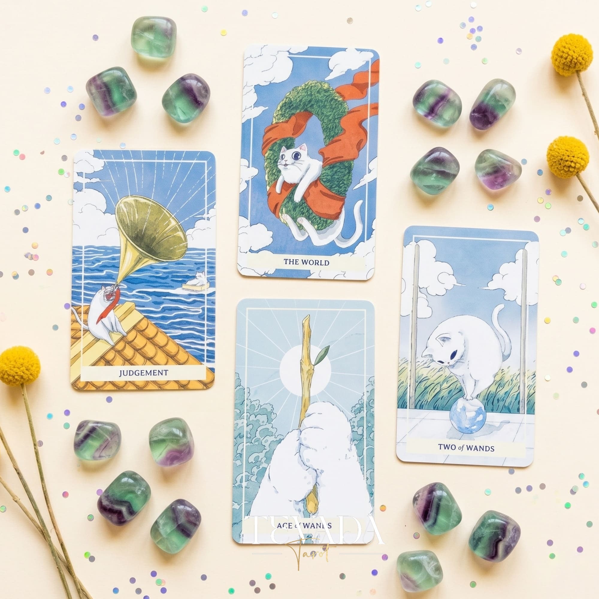 Nimn White Cat Tarot cute cartoon indie tarot deck with holographic silver edges for inner child healing.