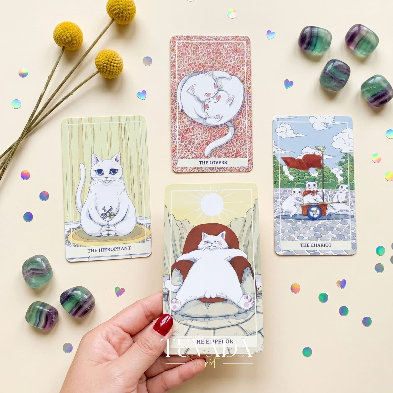 Nimn White Cat Tarot cute cartoon indie tarot deck with holographic silver edges for inner child healing.