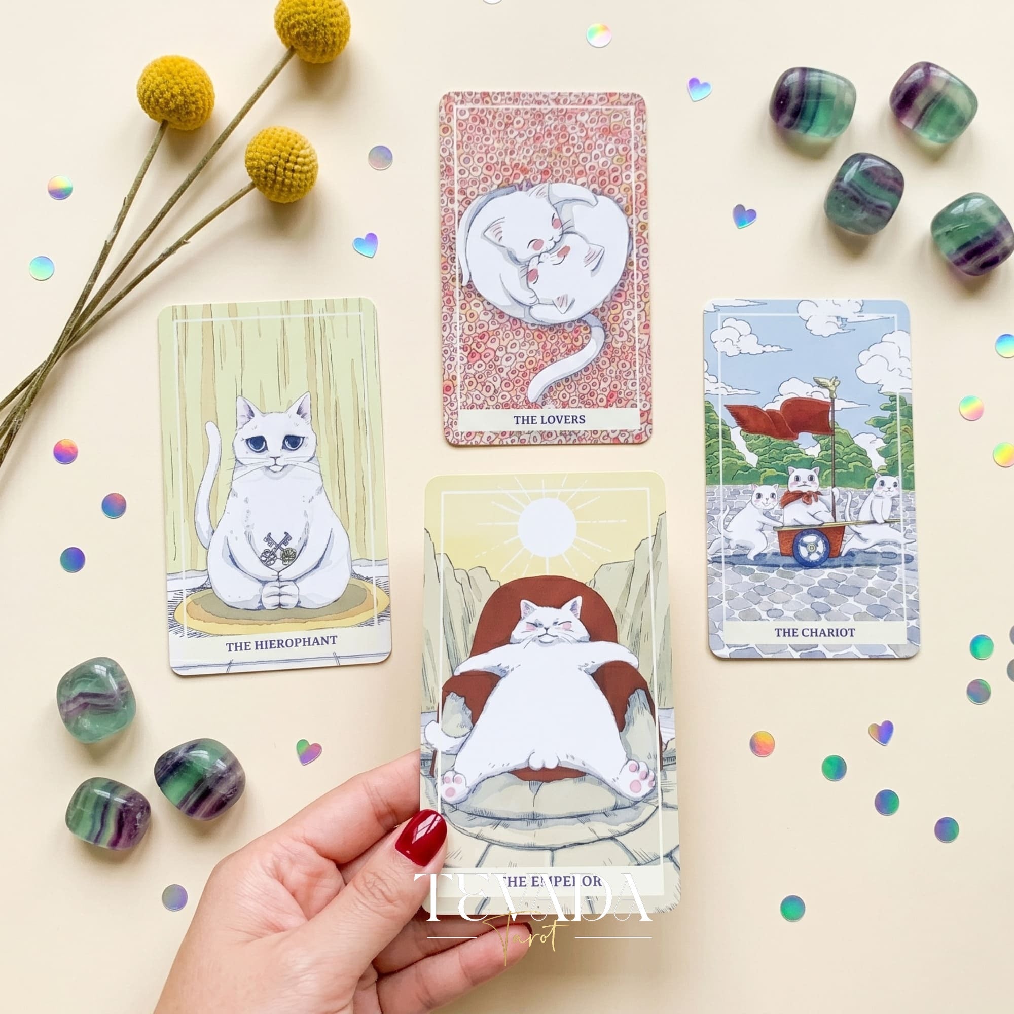 Nimn White Cat Tarot cute cartoon indie tarot deck with holographic silver edges for inner child healing.