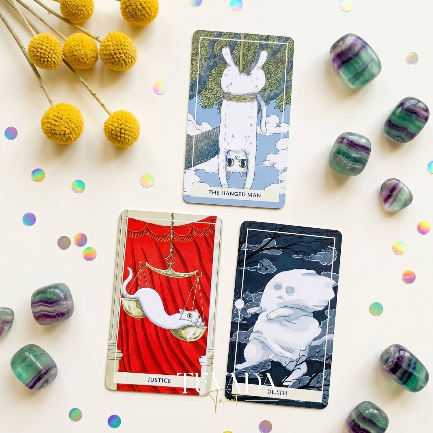 Nimn White Cat Tarot cute cartoon indie tarot deck with holographic silver edges for inner child healing.
