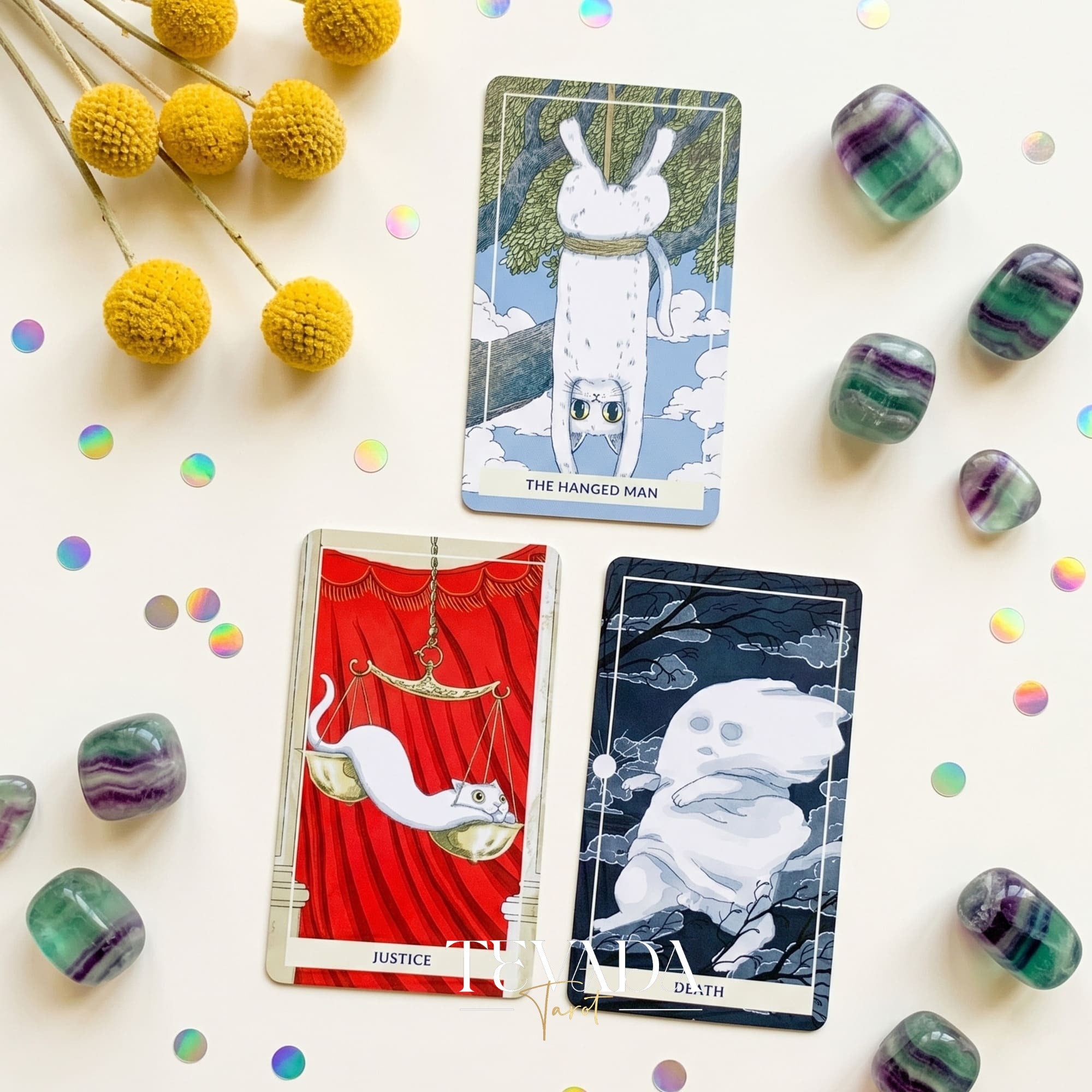 Nimn White Cat Tarot cute cartoon indie tarot deck with holographic silver edges for inner child healing.
