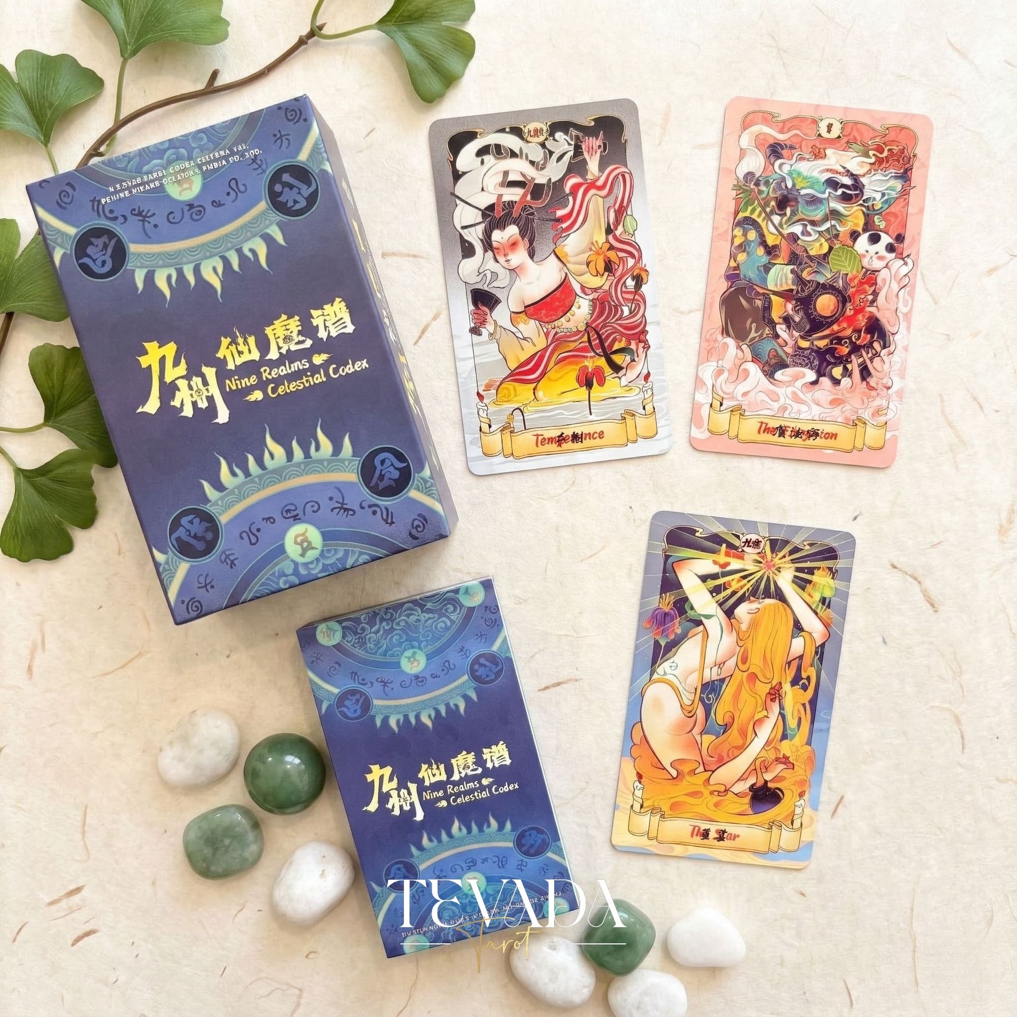Nine Realms Celestial Codex whimsical Chinese myth Indie Tarot Deck for self-reflection and daily rituals.