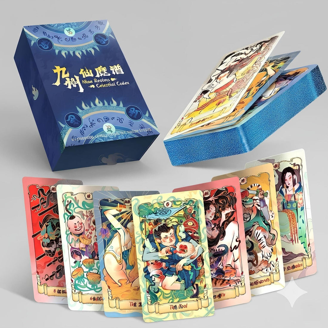 Nine Realms Celestial Codex whimsical Chinese myth Indie Tarot Deck for self-reflection and daily rituals.