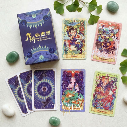 Nine Realms Celestial Codex whimsical Chinese myth Indie Tarot Deck for self-reflection and daily rituals.