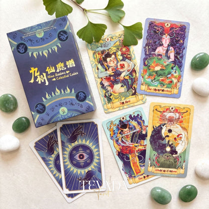 Nine Realms Celestial Codex whimsical Chinese myth Indie Tarot Deck for self-reflection and daily rituals.