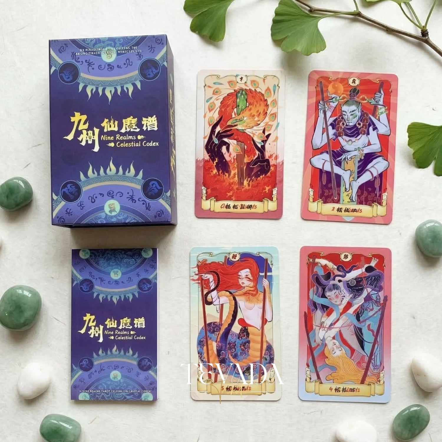 Nine Realms Celestial Codex whimsical Chinese myth Indie Tarot Deck for self-reflection and daily rituals.