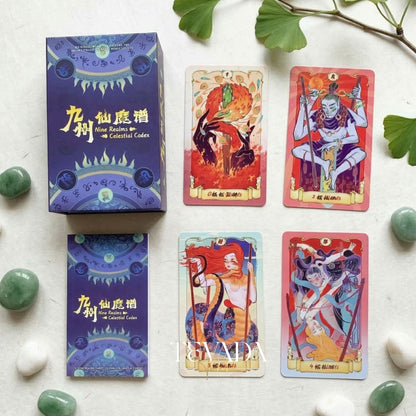 Nine Realms Celestial Codex whimsical Chinese myth Indie Tarot Deck for self-reflection and daily rituals.