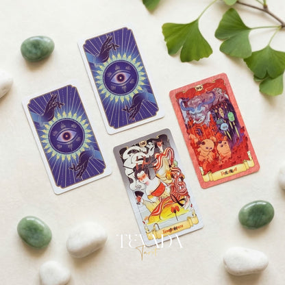 Nine Realms Celestial Codex whimsical Chinese myth Indie Tarot Deck for self-reflection and daily rituals.
