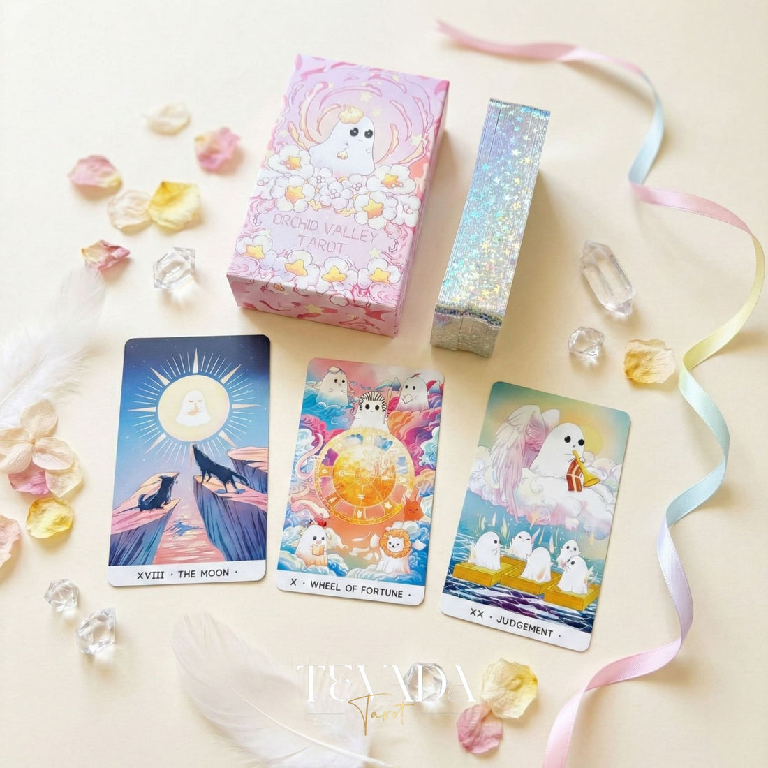 Orchid Valley Tarot featuring cute pastel ghost art and holographic silver edges for healing divination.