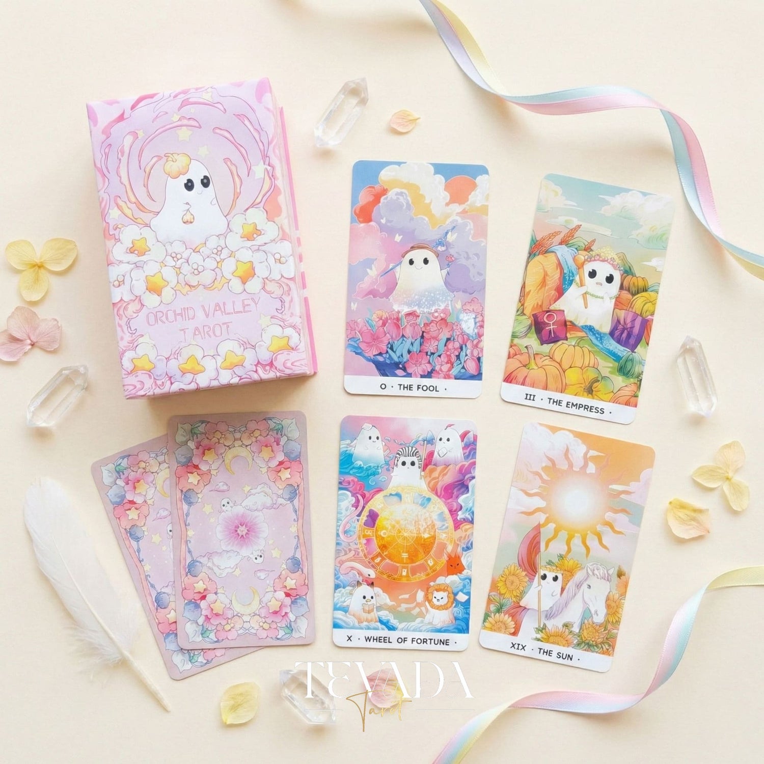 Orchid Valley Tarot featuring cute pastel ghost art and holographic silver edges for healing divination.
