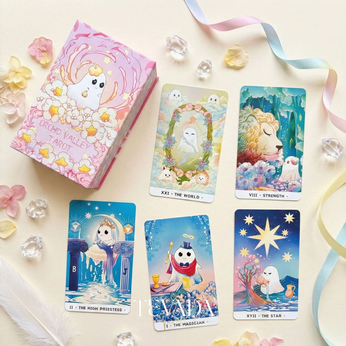 Tarot de Orchid Valley con lindo arte fantasma en colores pastel y bordes plateados holográficos para la adivinación curativa.