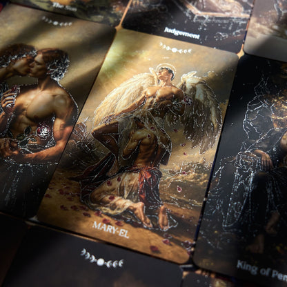 Pact of the Arcana Tarot rigid box and red gilded deck displayed with dark romantic card artwork