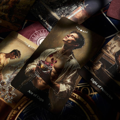 Pact of the Arcana Tarot card spread featuring Four of Wands, Two of Cups, a winged figure, and red and silver foil details