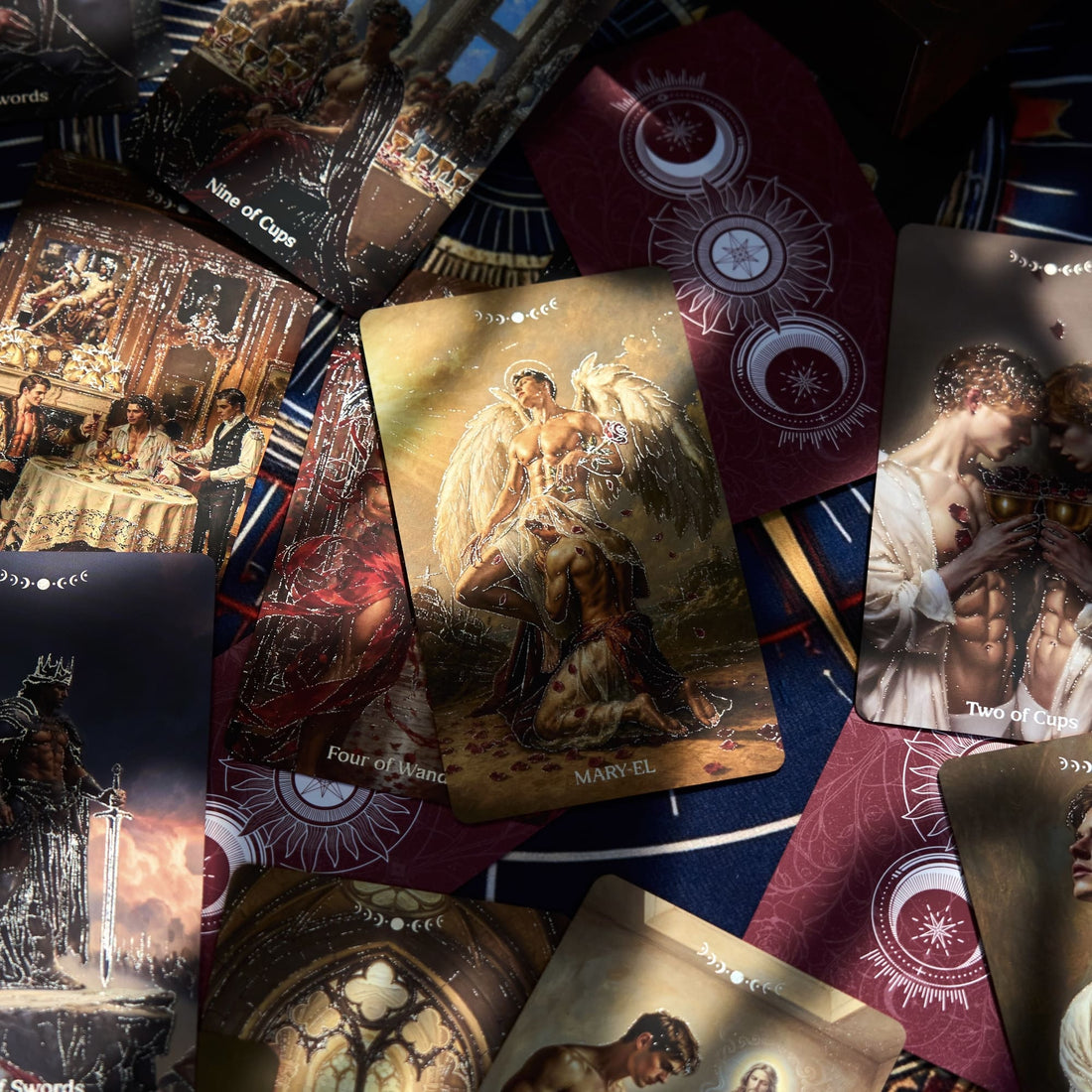 Pact of the Arcana Tarot spread with a muscular male figure, moonlit symbolism, and ornate silver foil card artwork