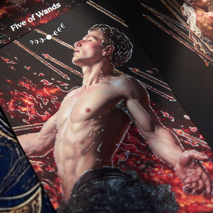 Pact of the Arcana Tarot Five of Wands card featuring a dramatic male figure and scarlet flame imagery