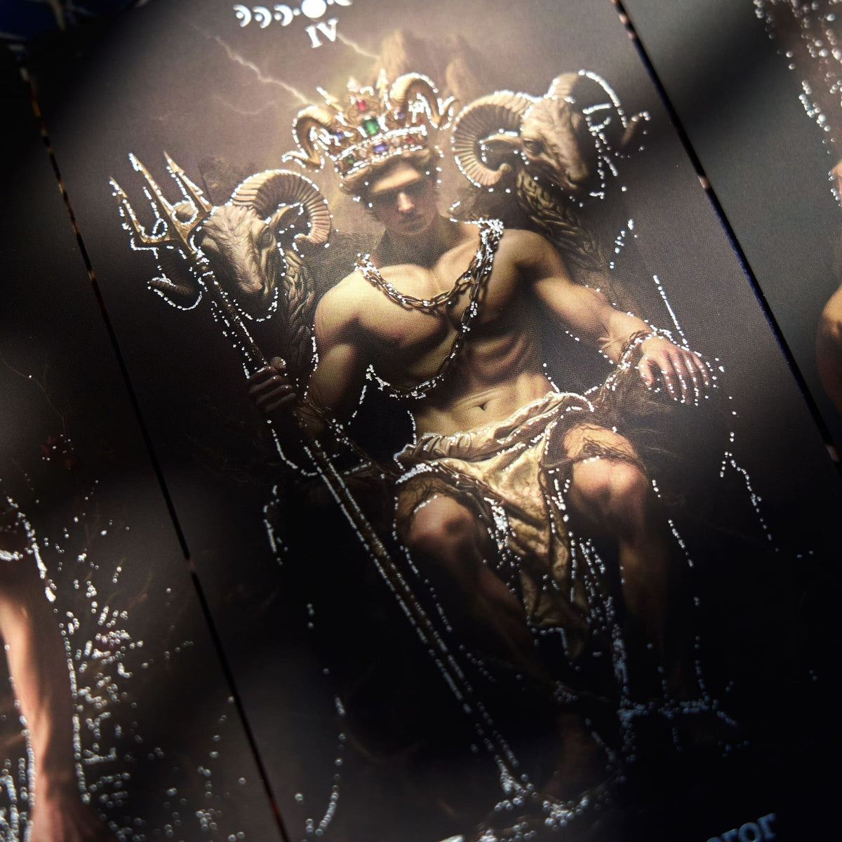 Pact of the Arcana Tarot mythic male figure card with horned crown, trident motifs, and silver foil