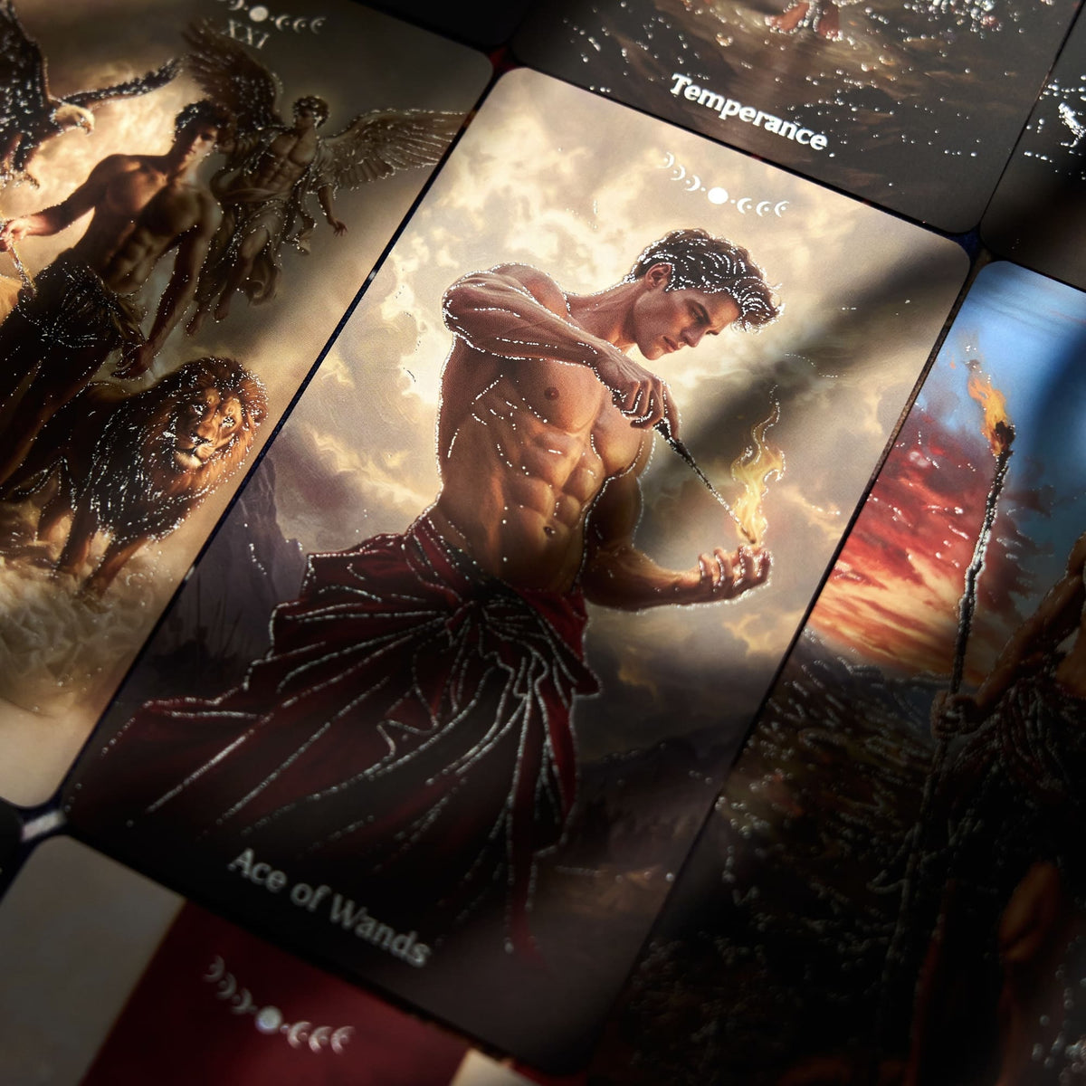 Pact of the Arcana Tarot Temperance card showing a male figure in a dark romantic mythic scene