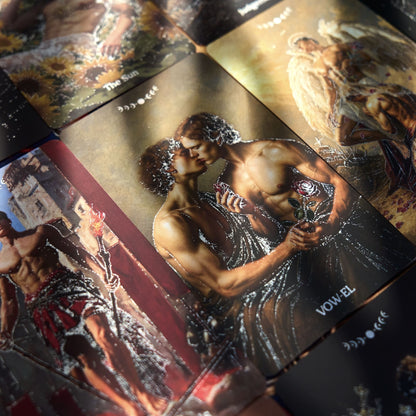 Pact of the Arcana Tarot card spread with dark romantic male figures, scarlet roses, and shimmering silver foil