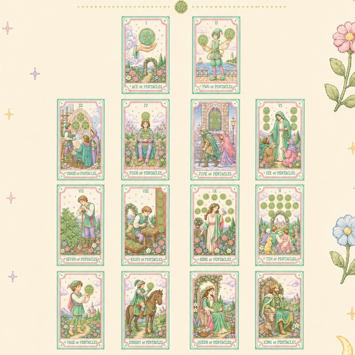 Pastel Pixel Tarot cross-stitch style tarot deck for gentle reflection and inner child care