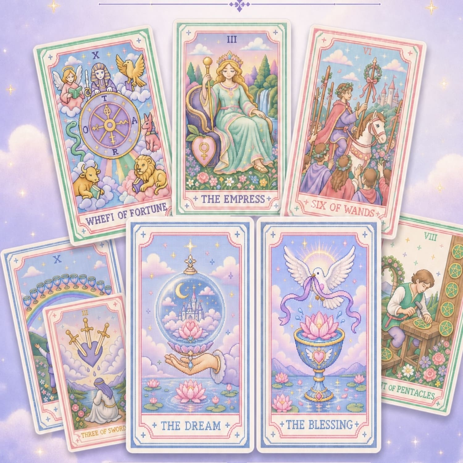 Pastel Pixel Tarot cross-stitch style tarot deck for gentle reflection and inner child care