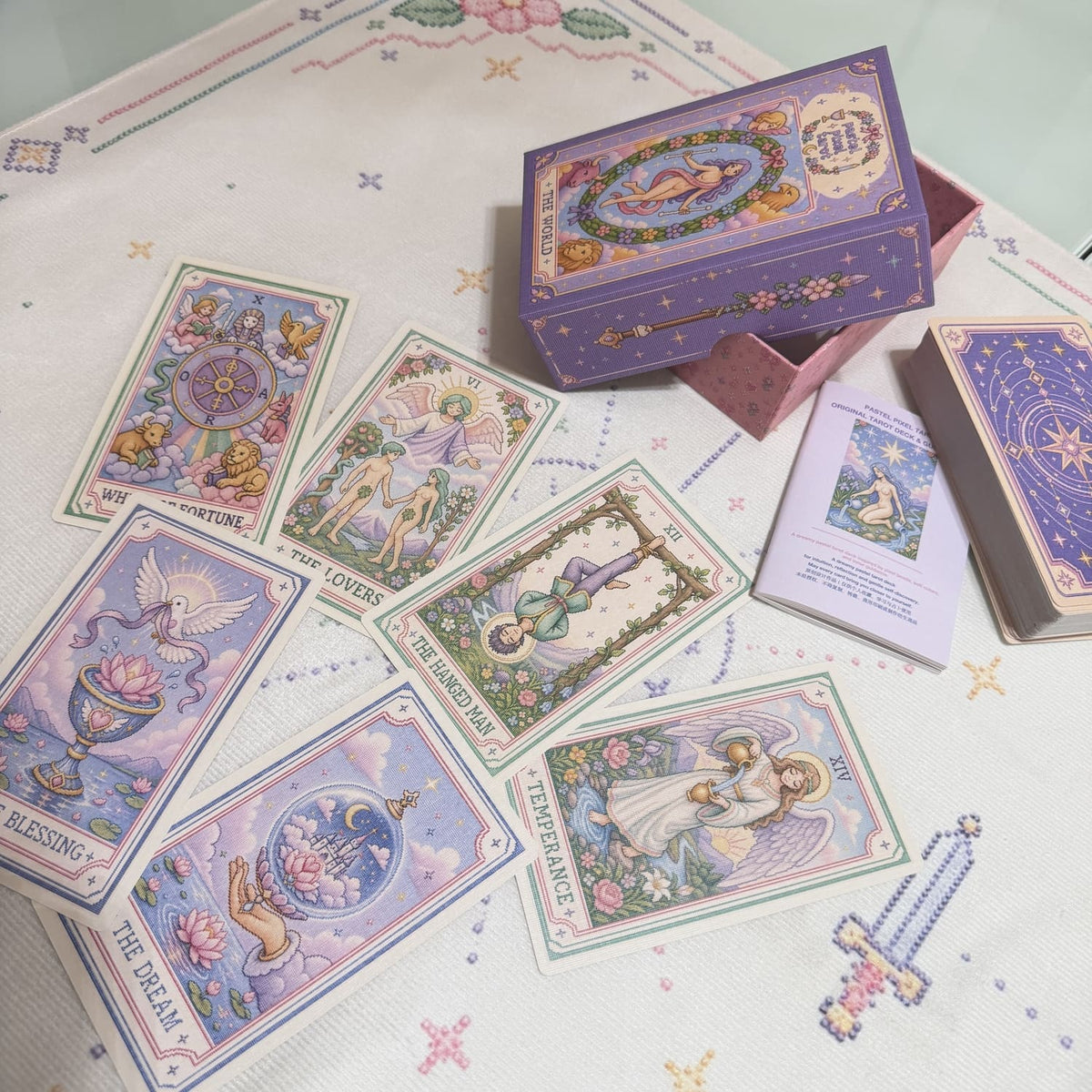 Pastel Pixel Tarot cross-stitch style tarot deck for gentle reflection and inner child care